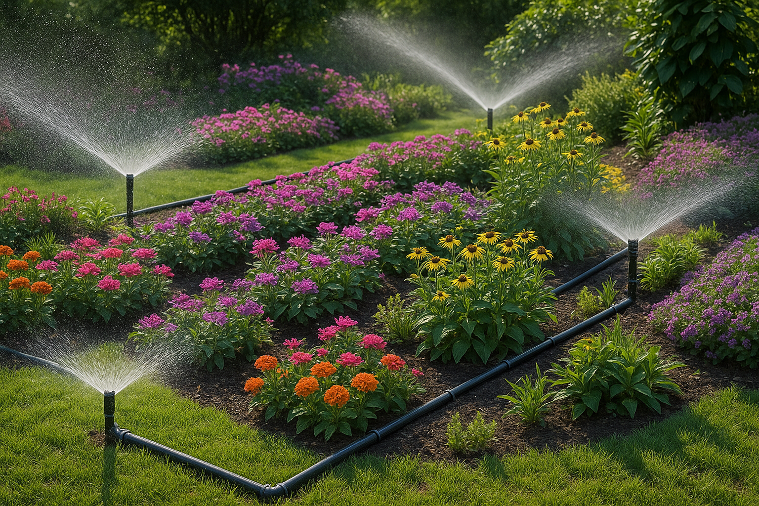 jardín con sistema de riego visible y aspersores
