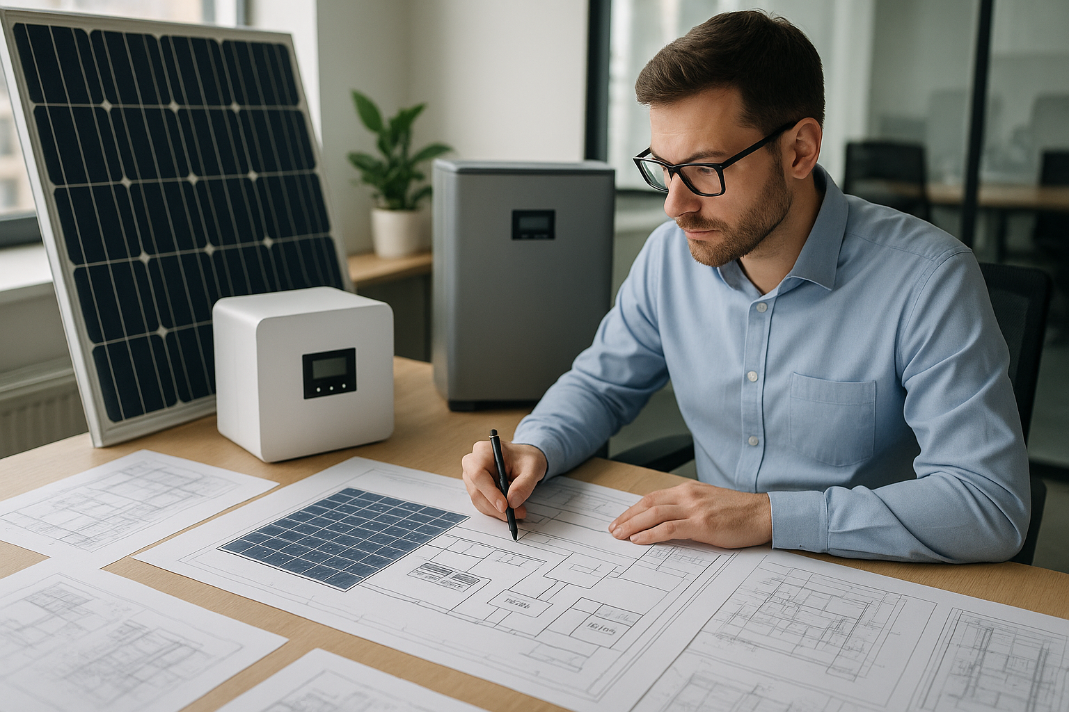 Ingeniero trabajando en mesa. sistema solar fotovoltáico para cliente. paneles, inversor y batería.